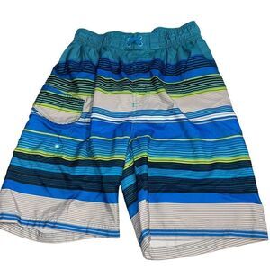 DT‎ Revolution Boys Blue, White & Green Striped Swim Trunks - Size L (12/14)